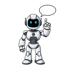 Cute white robot pointing finger with speech bubble isolated on transparent background