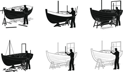 Boatbuilding vector illustration, woodworking process, traditional craftsmanship, restoration scene, manual labor, nautical construction, silhouette workers, hand tools, marine repair, hull shaping