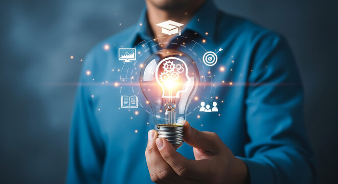 Businessman holding light bulb with gear inside, creative idea innovation concept