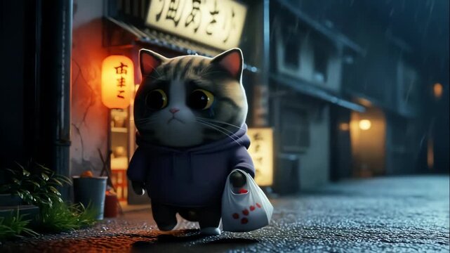 A cute cat in a gray hoodie walks along a rainy Japanese street holding a grocery bag. The warm lanterns and wet pavement create a cozy, cinematic atmosphere with an anime vibe