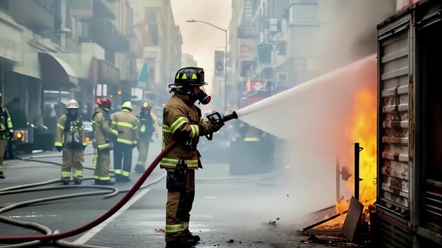 Emergency team battles blaze with water jets, firefighters coordinate to extinguish dumpster blaze amidst chaos, rapid response team combats fire with water spray and vigilant teamwork in city alley
