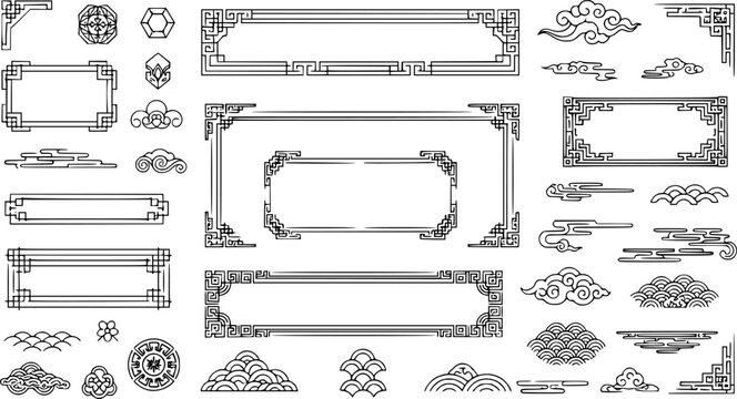 Traditional asian decorations. Korean frame borders, corners and dividers. Geometric stamp ornament, oriental line vector set

