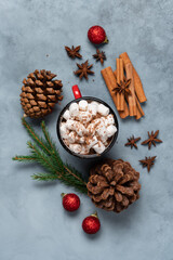 Top view of mug of hot cocoa with marshmallows surrounded by winter elements: pine cones, fir branches, cinnamon, star anise, and red Christmas ornaments. Сozy holiday flatlay with copy space