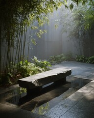 Minimalist stone bench beside reflective pond in serene bamboo courtyard, tranquil zen garden design with soft morning light and natural textures.
