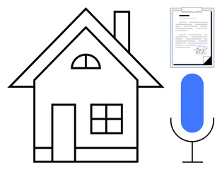 House with chimney, clipboard with signed paper, and voice assistant icon. Ideal for technology, smart home, real estate, voice recognition, e-signature, documentation simple flat metaphor