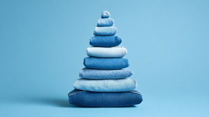 Obraz premium A striking tree formation made entirely of stacked denim jeans showcases an innovative take on holiday decor. Each layer features varying shades of blue, creating a stylish and playful centerpiece