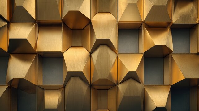 Textured golden geometric facade featuring intricate repeating hexagonal and pyramidal patterns.
