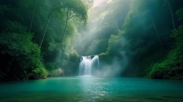 Sunbeams filter through a misty, dense green forest to illuminate a 'dreamy landscape' with a cascading waterfall and tranquil turquoise pool