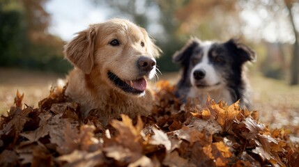 Golden retriever and border collie dogs are lying in a pile of dry leaves in a park during a sunny autumn day, enjoying the warm sunlight filtering through the trees