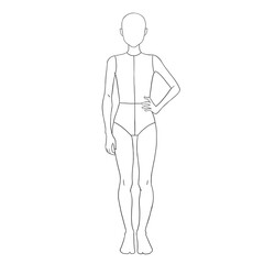 Child fashion croquis template, front view. Clean outline body sketch for kids’ clothing design, illustration, and fashion drawing.