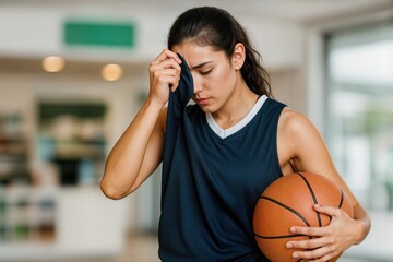 Basketball Player Taking A Break Indoors Holding A Ball And Wiping Face During A Game With A Blurred Background Indicating A Fast paced Setting