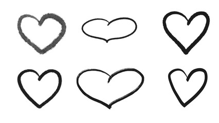 Outlined black hearts with a grunge, dry brush texture on transparent background. For Valentine's Day designs, wedding invitations, romantic greetings, or feminine graphic design elements.