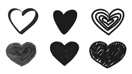 Hand drawn black watercolor and grunge heart set on transparent background. Outlined hearts with a grunge, dry brush texture and solid hearts with smooth watercolor and rough acrylic effects. PNG