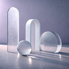Minimalist abstract composition of four geometric glass shapes with subtle lighting and shadows illustration