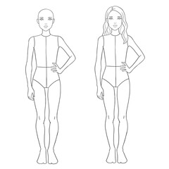 Child fashion croquis templates, front view. Clean outline body sketch with hair and face for kids’ clothing design, illustration, and fashion drawing.