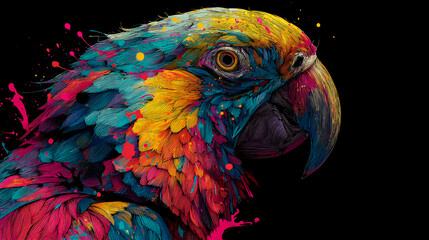 Obraz premium A colorful parrot with paint splashes on a black background