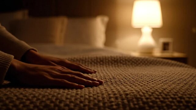 Serene hands smoothing soft blanket on cozy bed in warm bedroom, preparing to sleep