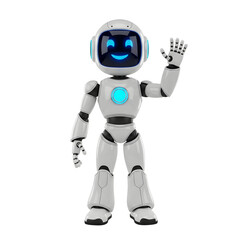 Friendly white robot waving hello isolated on transparent background