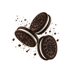 Three chocolate sandwich cookies with cream filling isolated on transparent background