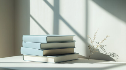 Stack of pastel-colored books on a table, soft shadows, serene ambiance, minimalist decor