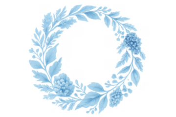 Floral wreath with blue watercolor flowers and botanical leaves, circular frame for decoration, transparent background