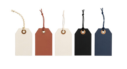 Five assorted blank paper tags string, isolated on transparent background