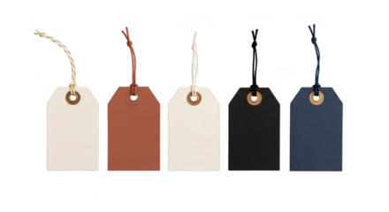 Five assorted blank paper tags string, isolated on transparent background