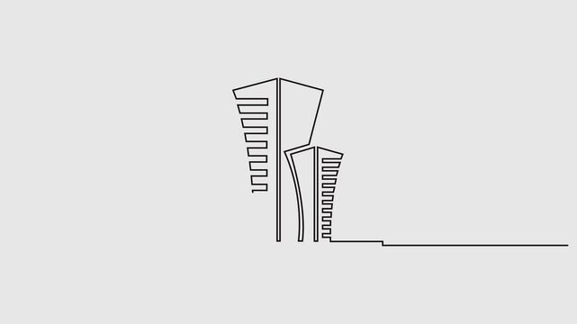 Self drawing animation of modern flat roof house drawn by continuous one line. Minimalist commercial building black single line 4k animation video