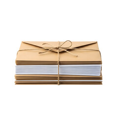 Stack of brown paper envelopes tied with twine isolated on transparent background