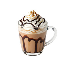 Delicious iced coffee with whipped cream and chocolate syrup isolated on transparent background