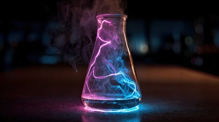 Colorful Glass Flask with Neon Smoke and Electric Sparks in a Dark Laboratory Background