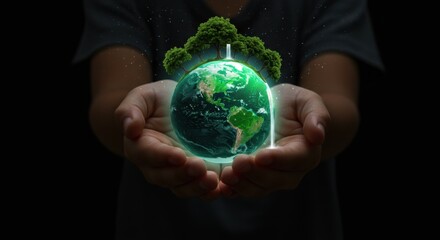 Child holding a glowing earth globe with trees and waterfall, symbolizing environment.