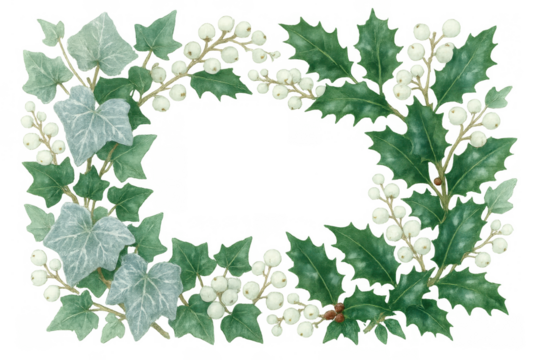 Holly and ivy watercolor winter frame with white berries, decorative border for christmas season