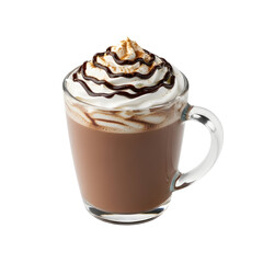 Delicious hot chocolate with whipped cream and chocolate drizzle isolated on transparent background