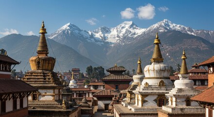 Temples and stupas in the kathmandu valley with snow capped mountains.