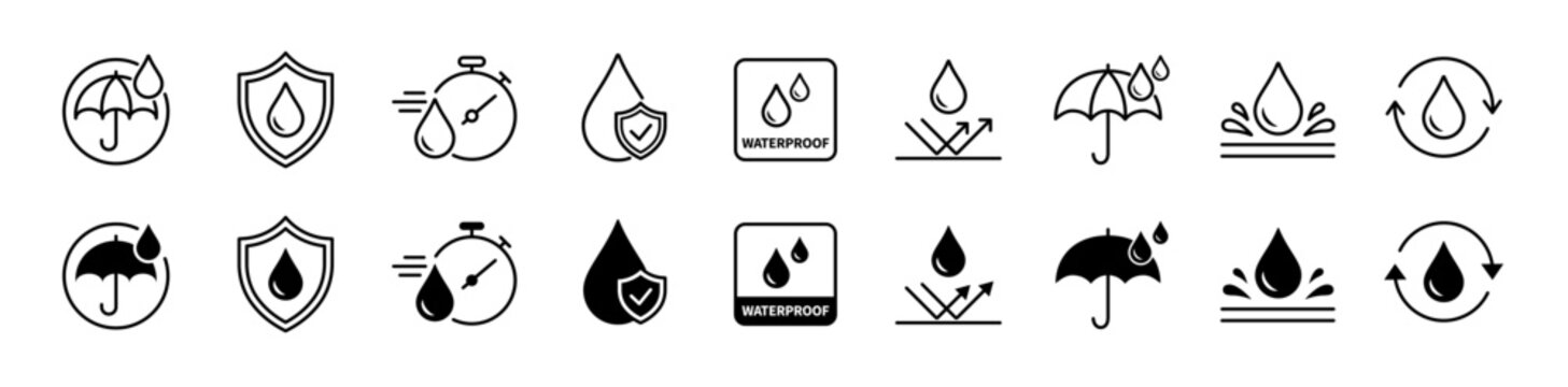 Waterproof icon set. Containing water resistant, water protection, hydrophobic fabric and more. Vector illustration.	
