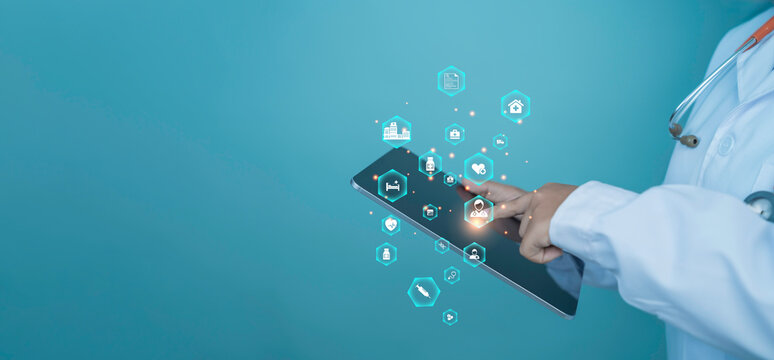 Doctor using digital tablet with AI medical icons. Concept of smart healthcare, digital diagnostics, and modern technology integration in hospital and medical services. - Powered by Adobe
