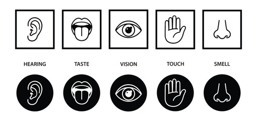 Human senses icon set. Vision eye, smell nose, hearing ear, touch hand, taste mouth with tongue. Simple line icons and black circle. Five senses of human nervous system. Vector illustration.