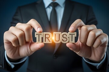 Businessman holding wooden letters spelling trust