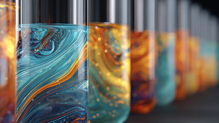 Colorful liquid in glass container with swirling patterns representing bioeconomy concept in abstract style with vibrant blue and orange tones