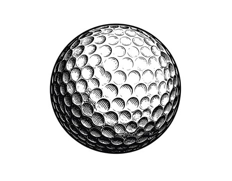 Detailed grayscale illustration of a golf ball. It features a textured surface of dimples and a bright white background
