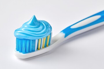 Fresh blue toothpaste on toothbrush on isolated white background