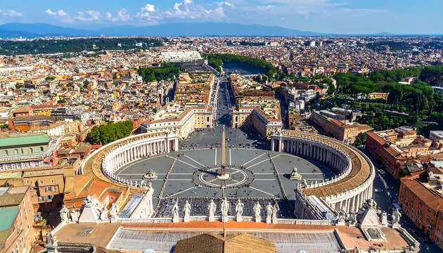 Elevated view of a vast city square, defined by a colonnade embracing a central plaza, with a long avenue leading towards the distant buildings