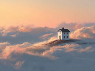 Surreal Dreamlike Scenery Isolated White House Hilltop Amongst Fluffy Clouds Golden Sunrise Warm Hues