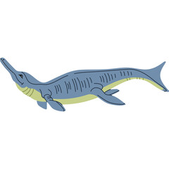 Cartoon Ichthyosaur Swimming Through Water With Blue Gray Body And Yellow Underside On White Background
