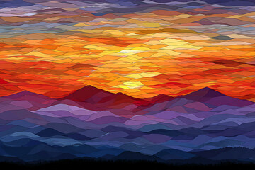 Illustration of colorful mountain range at sunset