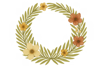 Watercolor floral wreath creating a rustic circular frame with leaves and autumn flowers, transparent background