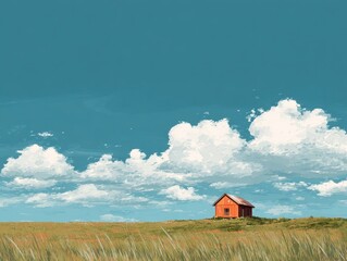 Vibrant Stylized Landscape Painting Solitary Red Barn House Amidst Green Grassy Field Under Bright Blue Sky with Fluffy Cumulus Clouds