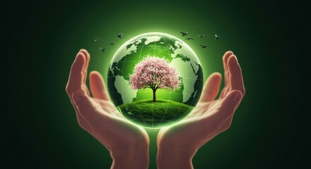 Hands holding earth globe with tree and birds. Symbol of environment and ecology.