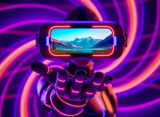 Futuristic Robot Hand Holding Virtual Reality Headset with Digital Landscape and Neon Lights